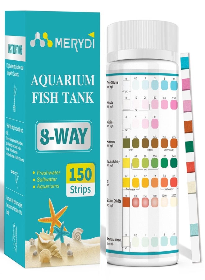 Merydi Aquarium Test Strips,8 Way Aquarium Ammonia Test Strips for Saltwater Freshwater Aquariums,Pond Fish Tanks,150 Aquarium Test Kit-Test pH, Alkalinity,Nitrate,Ammonia and More - Image 1
